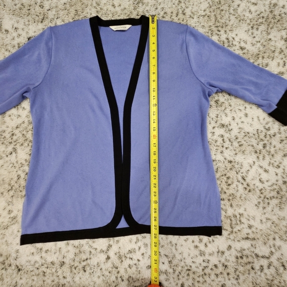 Misook SZ L Periwinkle 3/4 Sleeve Open Front Black Trim Dressy Cardigan - Picture 7 of 8
